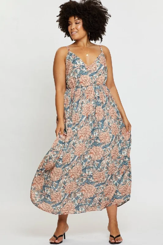 Maxi dresses for evening beach parties -Floral Print Maxi Dress V-neck Sleeveless