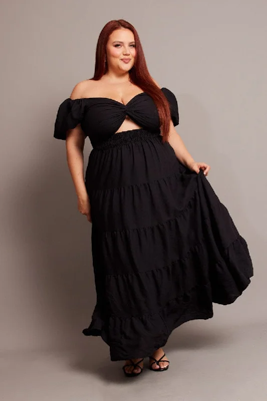 Maxi dresses for outdoor celebrations -Black Maxi Dress Short Sleeve Twist Front