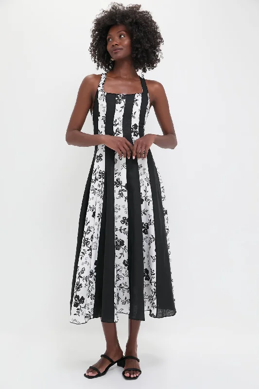 Midi Dresses with Sleek Silhouettes for Evening Wear-Black and White Floral Linen Midi Dress