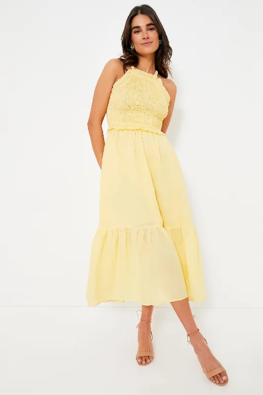 Midi Dresses for Casual Gatherings in Summer-Yellow Cole Smocked Ramie Midi Dress