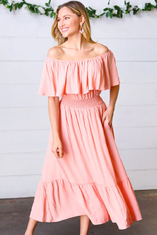 Midi Dresses for Casual Beach Days-Coral off Shoulder Smocked Waist Ruffle Sleeve Midi Dress