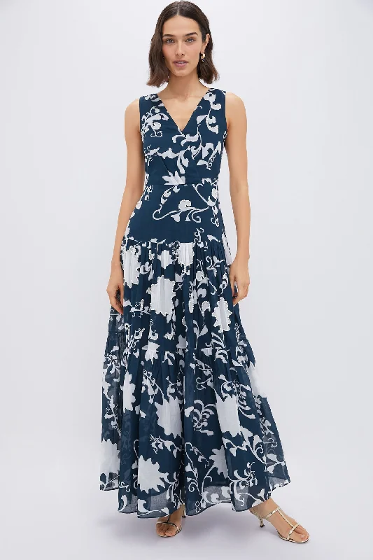 Midi Dresses for Trendy Formal Day Outfits-Blue Flower Screen Antheia Midi Dress