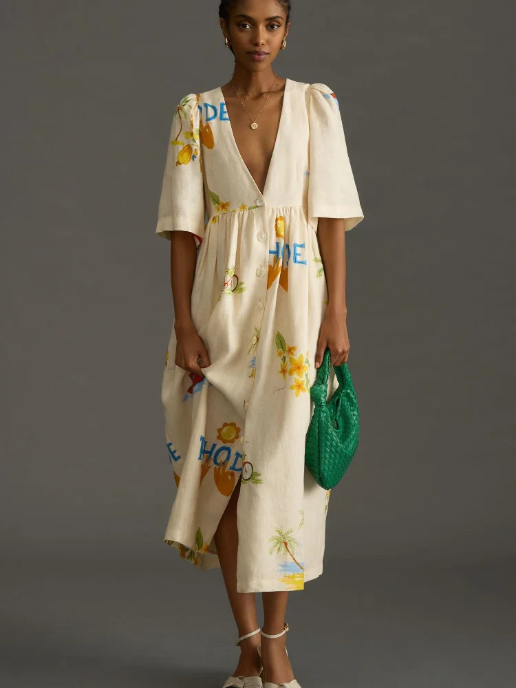 Midi Dresses with Bold Prints for Winter Events-Danica - Flattering printed linen midi dress