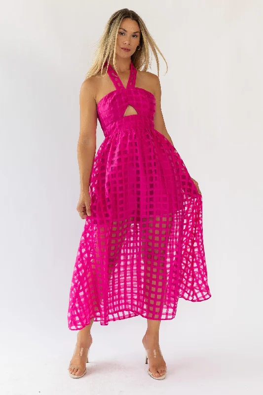 Midi Dresses for Summer Garden Gatherings-Lola Pink Checked Organza Midi Dress - Final Sale