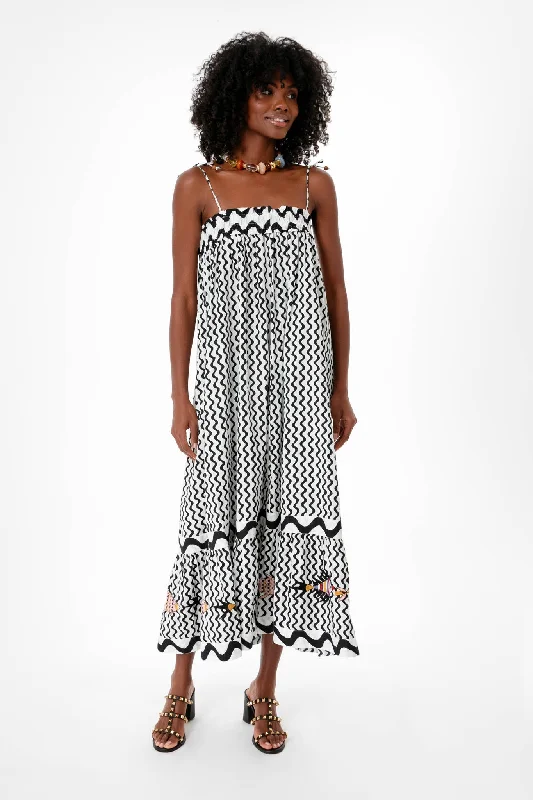 Midi Dresses for Holiday Gatherings in Spring-Black Ripple Tie Strap Smocked Straight Midi Dress