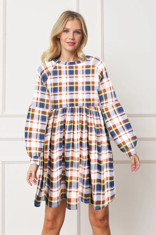 Midi Dresses for Formal Gatherings in Summer-Long Puff Sleeve Plaid Contrast Midi Dress