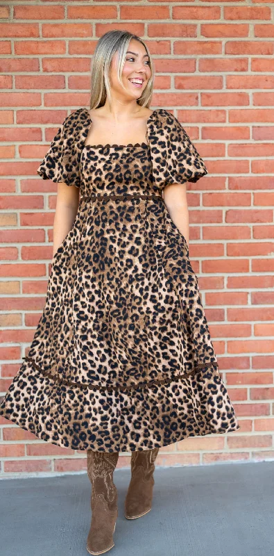 Midi Dresses for Bridal Showers-Leopard & Scallop Puff Sleeve Midi Dress