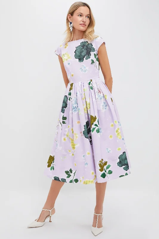 Midi Dresses for Evening Gatherings in Summer-Margot Floral Lilac Boat Neck Full Skirt Midi Dress