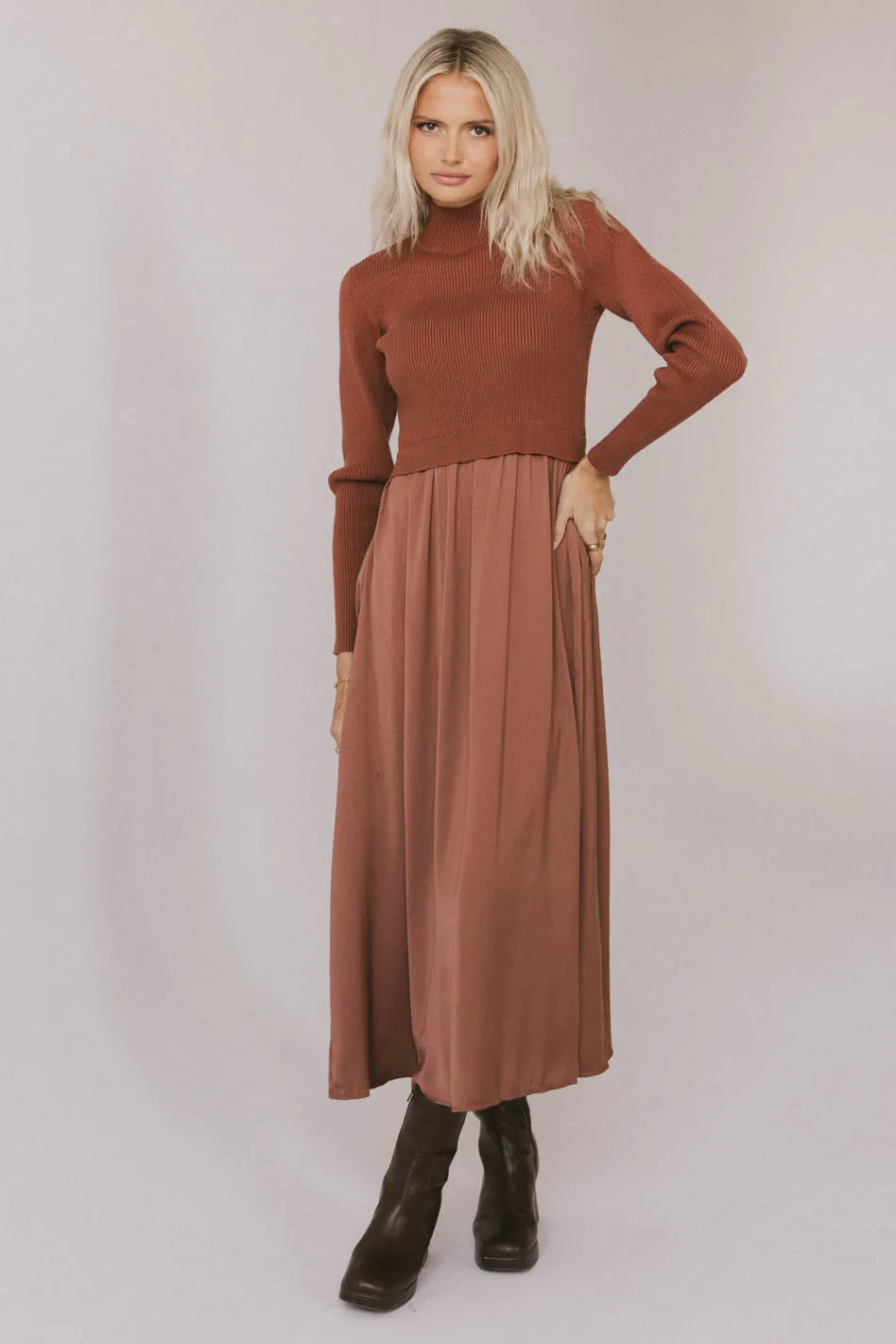 Midi Dresses for Trendy Day Events in Fall-Zeda Midi Dress in Rust