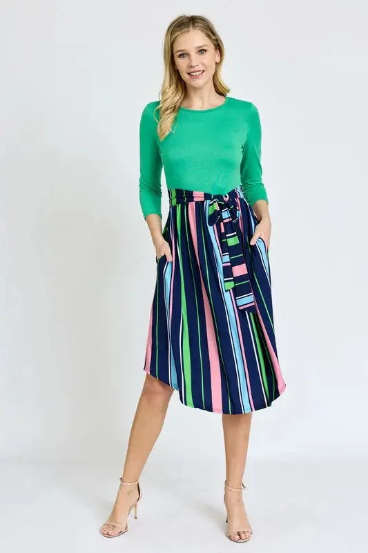 Midi Dresses with Stylish Accents for Winter Wear-Quarter Sleeve Multi Stripe Sash Midi Dress