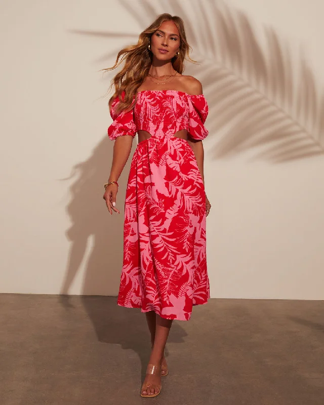 Midi Dresses for Trendy Evening Outfits-Kalena Tropical Print Cutout Smocked Midi Dress