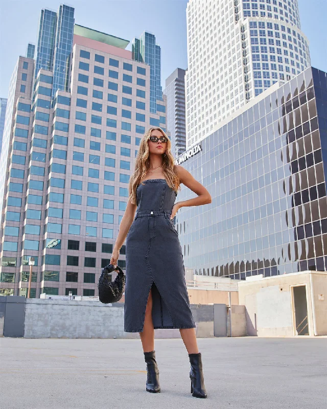 Midi Dresses for Fashionable Fall Events-Edgy Era Denim Strapless Midi Dress