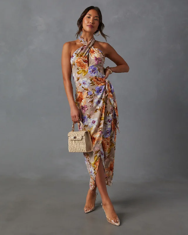 Midi Dresses for Spring Garden Weddings-Floral Beauty Twist Front Halter Midi Dress