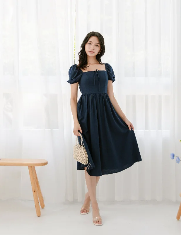 Midi Dresses for Brunch with Friends-Kristy Lace Trimmed Midi Dress in Navy