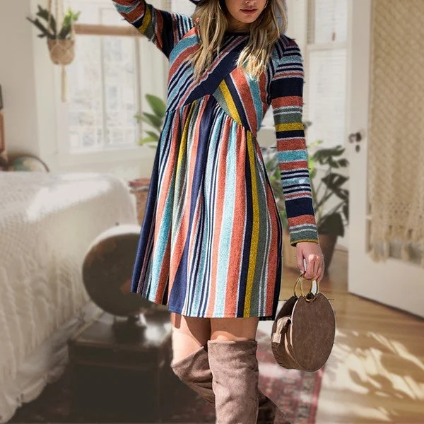 Trendy Midi Dresses for 2025-Multi Color Cross Stripe Midi Dress