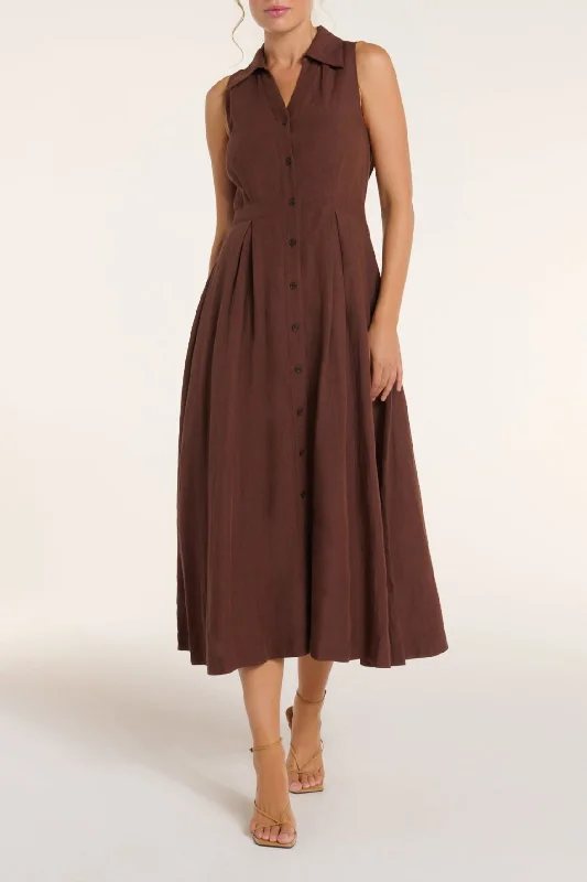 Midi Dresses for Comfortable Summer Office Wear-Stacia Collared Button Front Panel Midi Dress in Shaved Chocolate