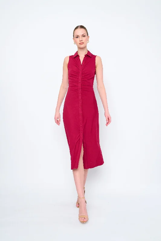 Midi Dresses with Soft, Flowing Fabrics-SLEEVELESS RUCHED MIDI DRESS