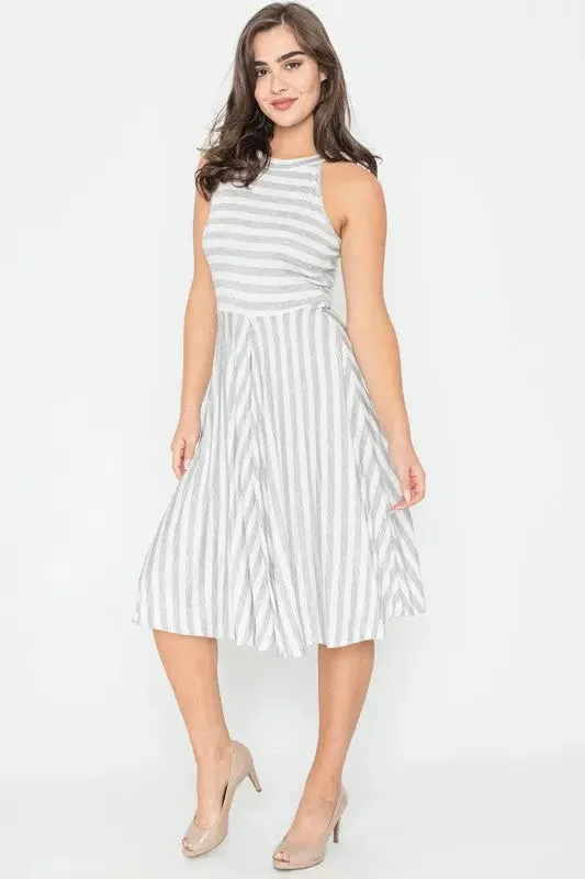 Midi Dresses with Unique Sleeves for Formal Wear-Stripe Halter Neck Midi Swing Dress