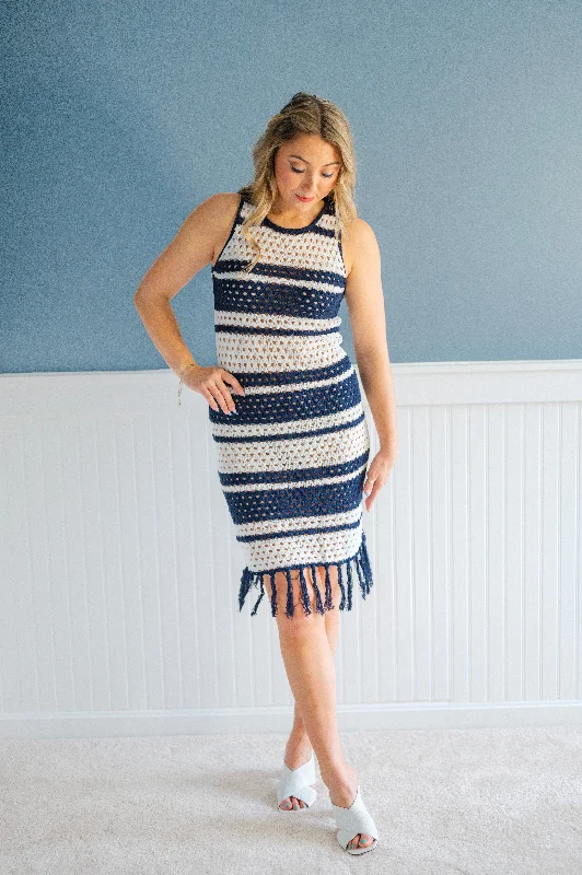 Midi Dresses for Trendy Casual Gatherings-Navy and Cream Striped Crochet Midi Dress