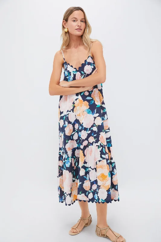 Midi Dresses for Comfortable Summer Office Wear-Midnight and Multi V-Neck Midi Dress in Peony Print with Ric Rac Trim