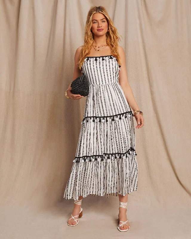 Midi Dresses for Elegant Winter Occasions-Paislee Tassel Striped Tiered Midi Dress