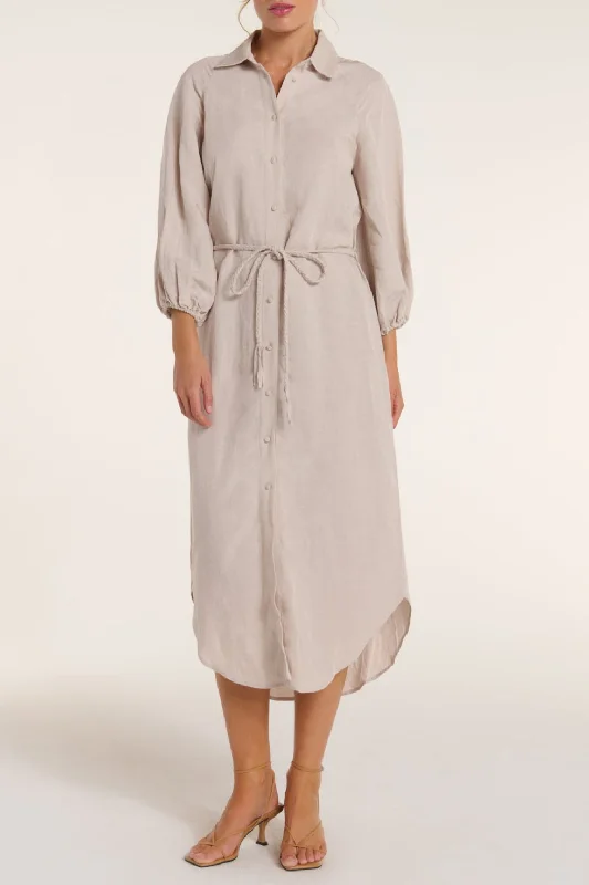 Midi Dresses for Daytime Summer Celebrations-Cecilia Collared Button Front Panel Midi Dress in Silver Gray