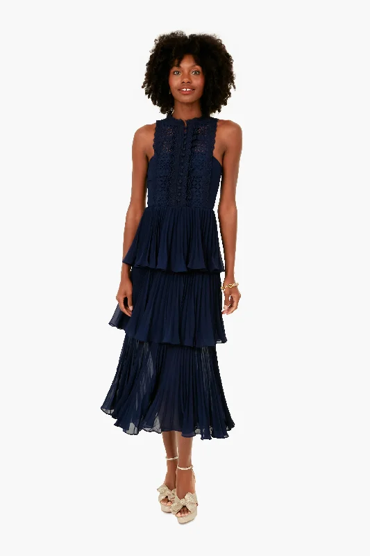 Midi Dresses with Bold Hues for Winter Wear-Navy Cotton Broderie Tiered Midi Dress