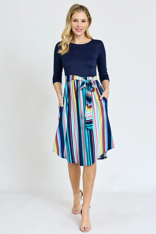 Midi Dresses for Trendy Spring Day Outfits-Quarter Sleeve Multi Stripe Sash Midi Dress