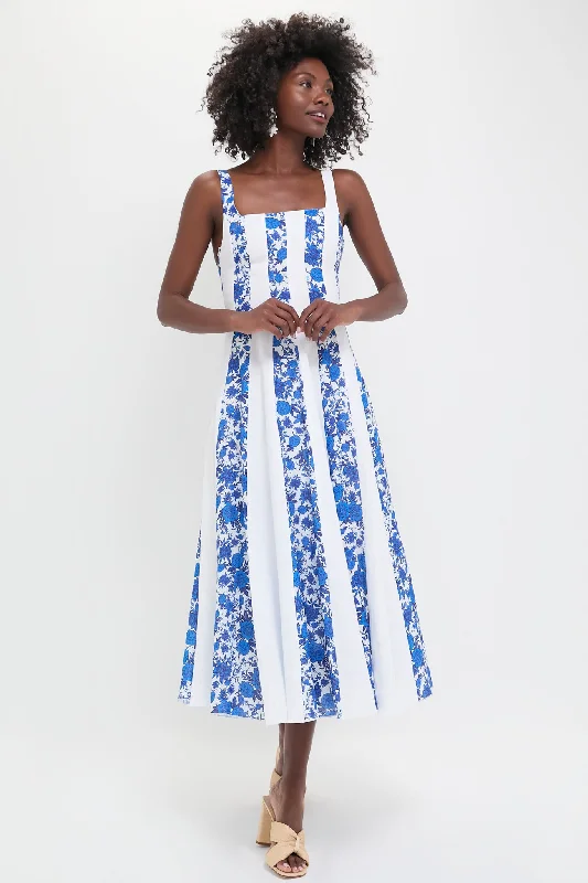 Midi Dresses for Casual Birthday Parties-White and Blue Floral Linen Midi Dress