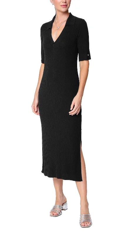 Midi Dresses for Cocktail Receptions-Gillian Rib Knit Midi Polo Dress; Black