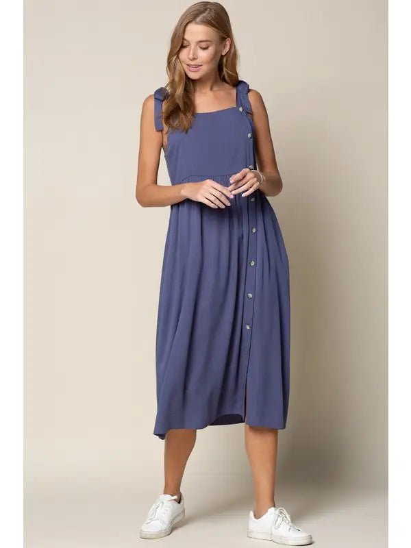 Midi Dresses with Geometric Patterns-Tie Shoulder Side Button Down Midi Dress