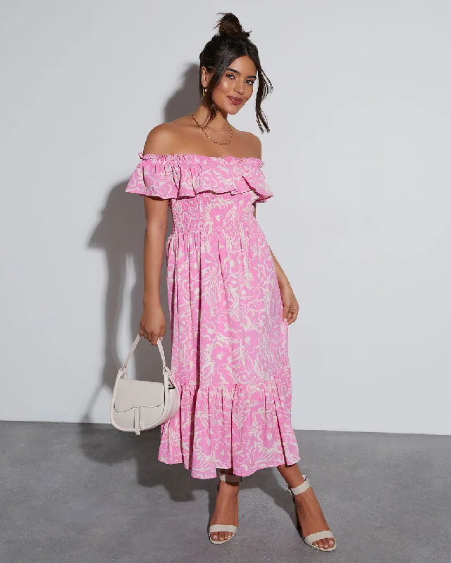 Midi Dresses with Short Sleeves for Spring-Levana Printed Off The Shoulder Midi Dress