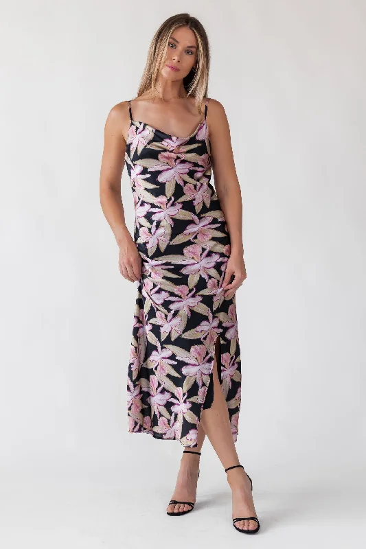 Midi Dresses for Formal Dinner Parties-Willah Black Floral Midi Dress - Final Sale