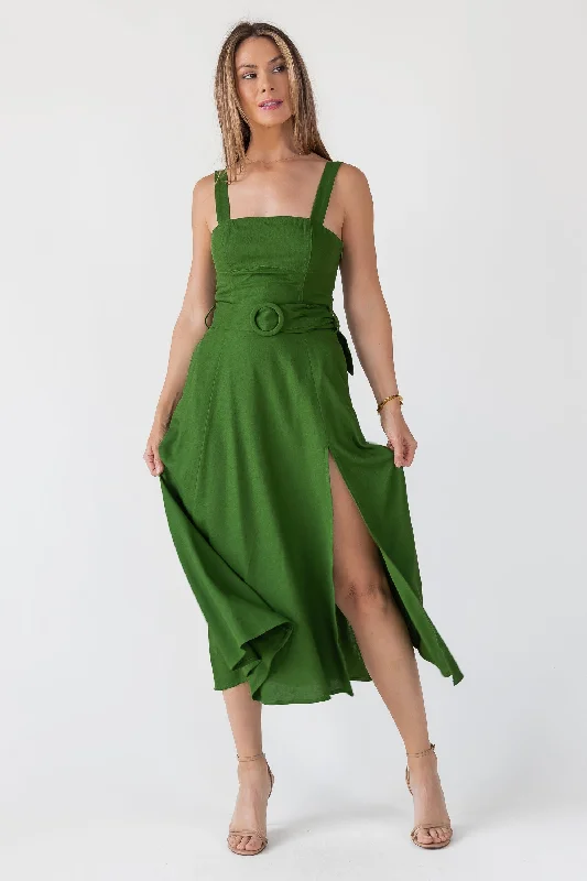 Midi Dresses with Bold Prints for Winter Events-Green Linen Belted Midi Dress