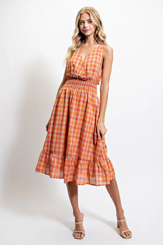 Midi Dresses with Lightweight Fabrics for Spring-PLAID BACK NECK TIE MIDI DRESS