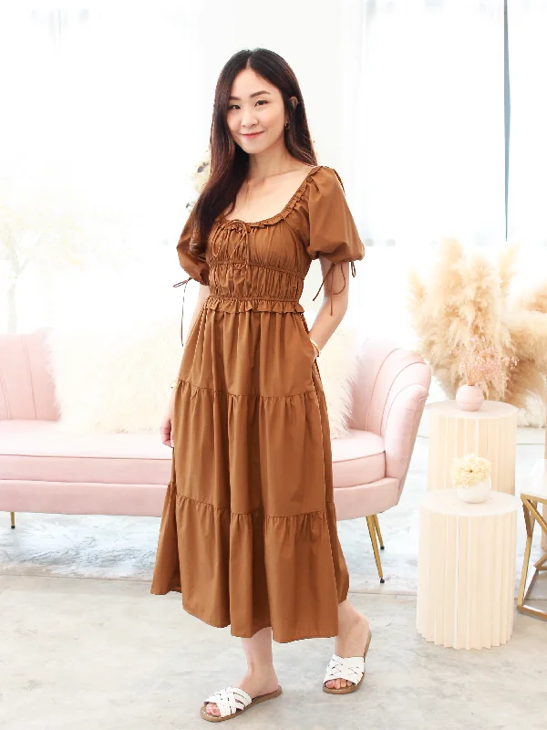 Midi Dresses with Floral Embroidery for Special Occasions-Celeste Midi in Toffee