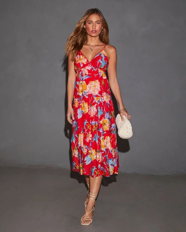 Midi Dresses for Beach Weddings in Spring-Cynthia Floral V-Neck Tiered Midi Dress