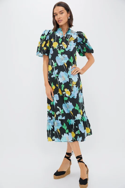 Midi Dresses for Elegant Fall Outfits-Black & Airy Blue Floral Mimi Midi Dress