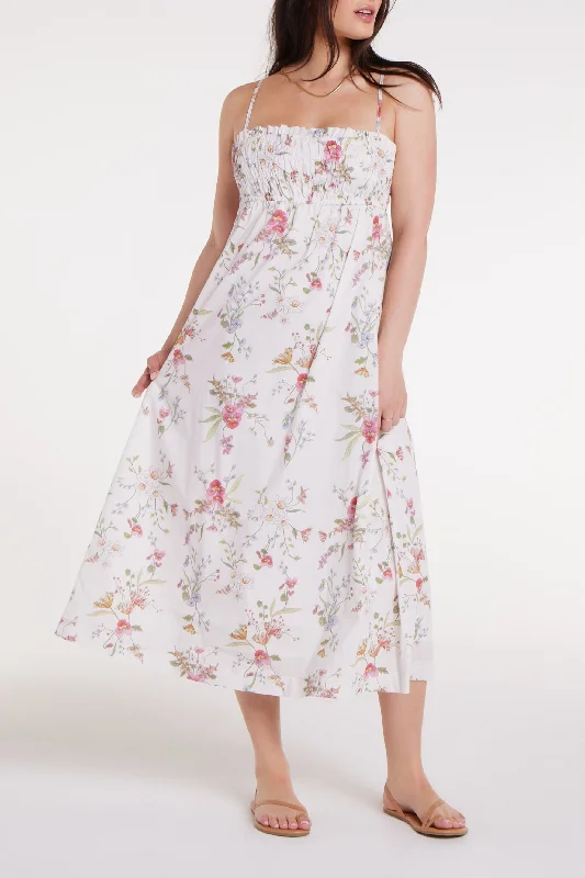 Midi Dresses for Casual Winter Gatherings-Margot Smocked Spaghetti Strap Midi Dress in White Floral