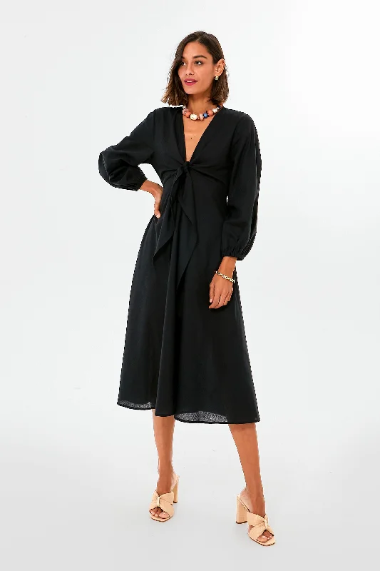 Midi Dresses for Casual Family Gatherings-Black Novella Midi Dress