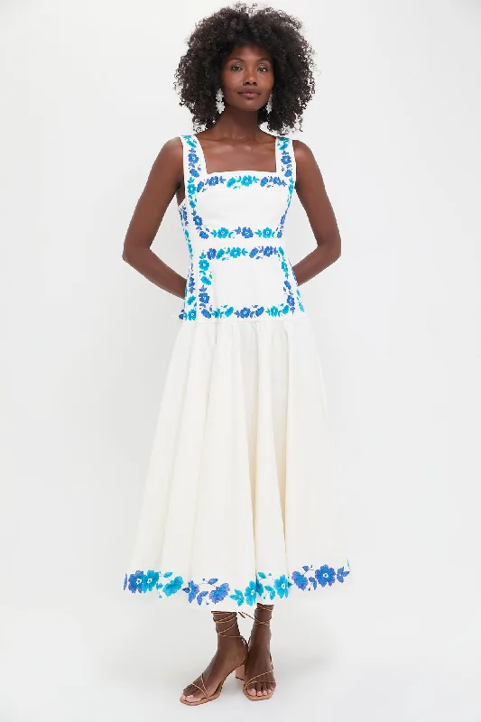 Midi Dresses for Elegant Winter Celebrations-Ecru and Blue Floral Embroidery Midi Dress