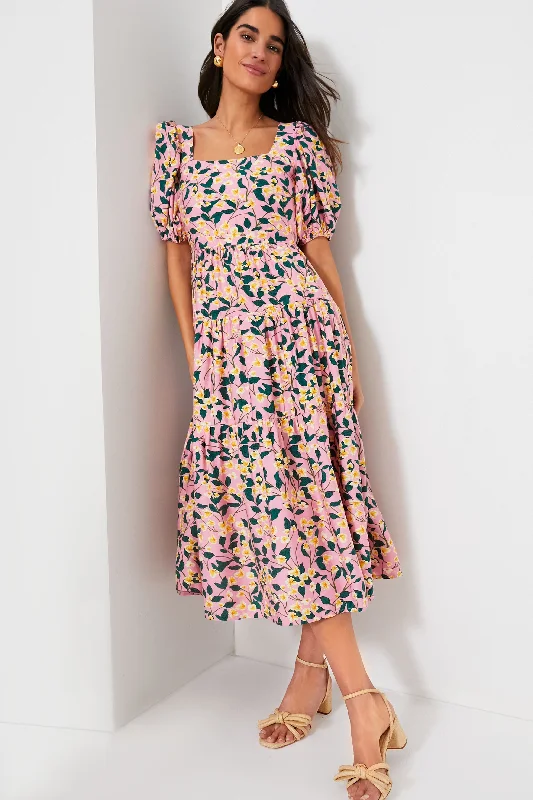 Midi Dresses for Trendy Summer Office Wear-Exclusive Pink Multi Floral Print Midi Dress