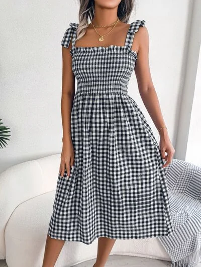 Midi Dresses with Textured Fabrics for a Chic Look-Frill Plaid Square Neck Midi Dress