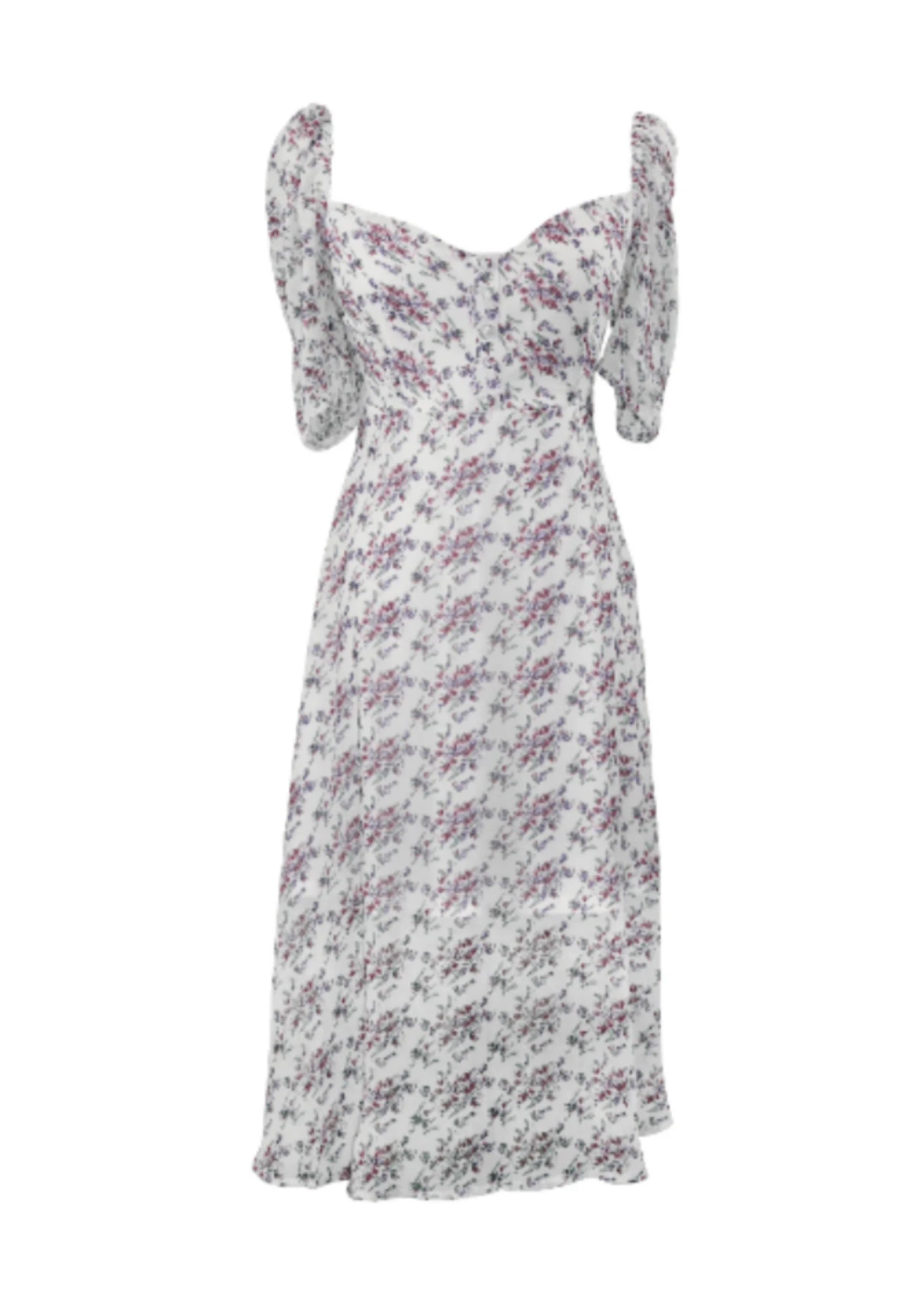 Midi Dresses for Garden Weddings-FLOWER PRINTED CHIFFON MIDI DRESS - WHITE