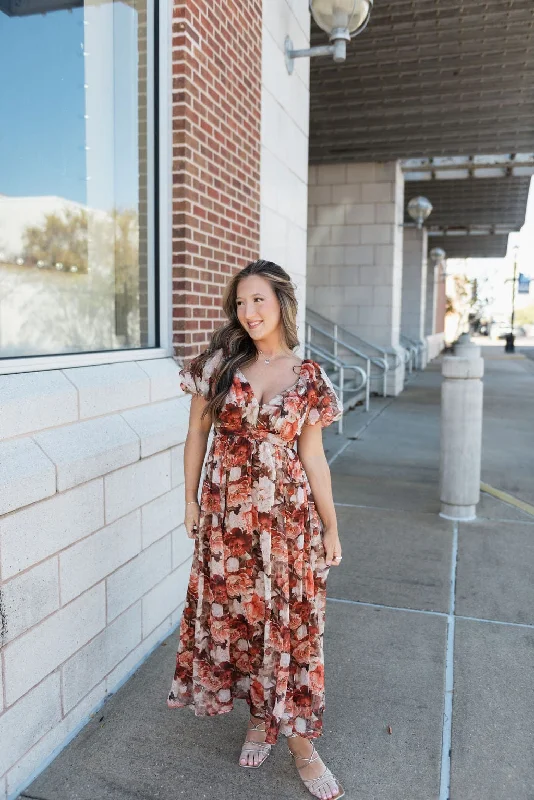 Midi Dresses with Elegant Necklines-Rust Floral Puff Sleeve Midi Dress