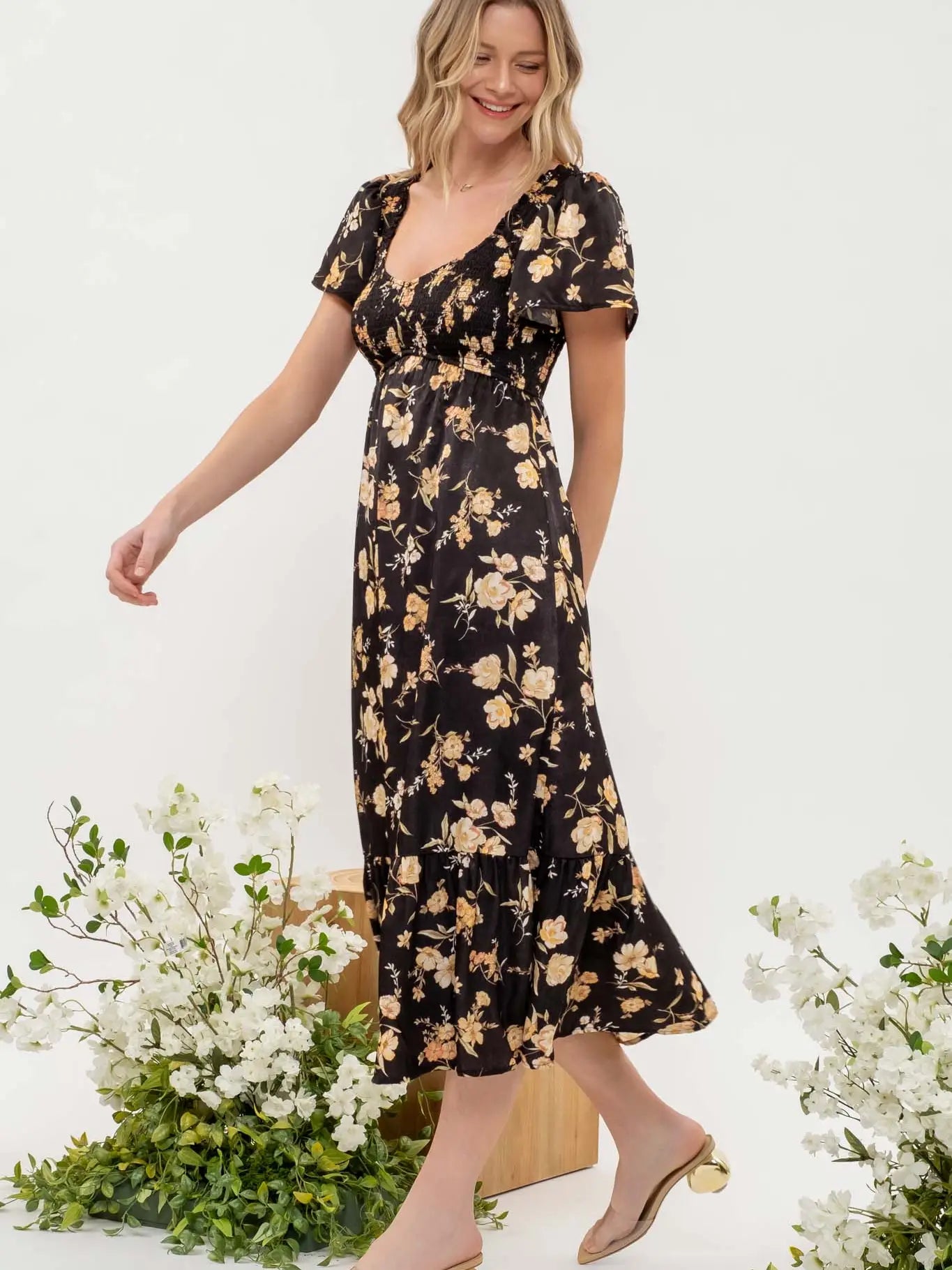 Comfortable Midi Dresses for Travel-Smocked Floral Print Short Sleeve Midi Dress