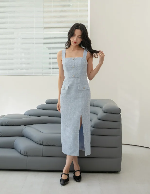 Midi Dresses for Holiday Gatherings in Summer-Calista Tweed Midi Dress in Blue