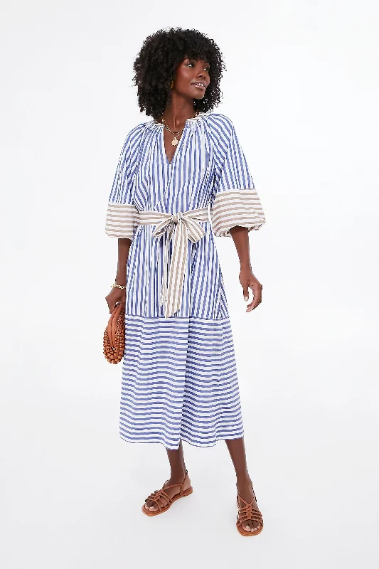 Midi Dresses for Trendy Day Wear in Summer-Tan and Blue Stripe Combo Sun Mesa Midi