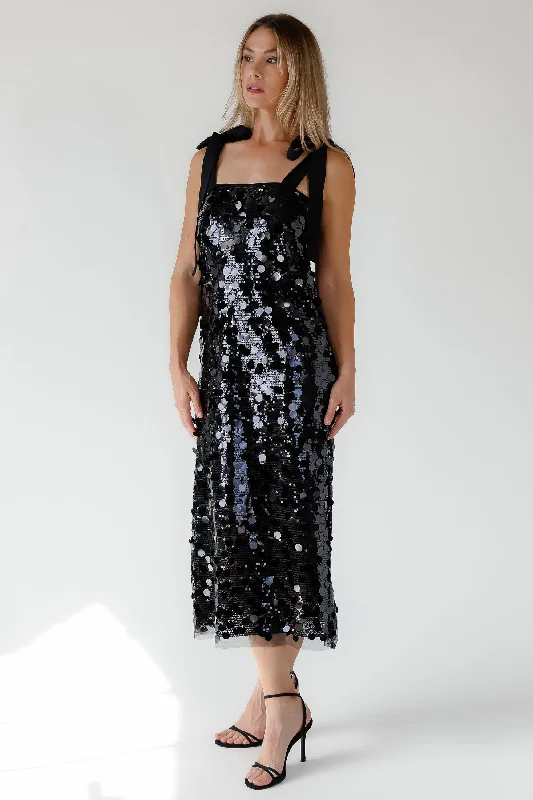 Midi Dresses for Cocktail Hour-Della Black Sequin Embellish Midi Dress - Final Sale