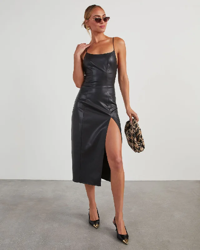 Midi Dresses with Delicate Lace for Special Events-Aziza Faux Leather Sleeveless Midi Dress